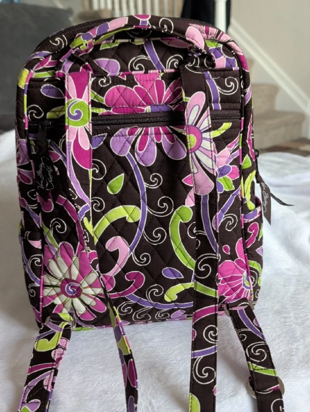 Vera Bradley Quilted Floral Backpack in Brown, Pink & Green